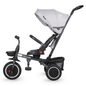 Tricicleta pentru copii Coccolle Venti Greystone multifunctionala, cu spatar ajustabil, cu pozitie de somn, sezut rotativ 360 grade, roti de cauciuc, 2 seturi de suporti de picioare de la 10 luni pana la 25 kg