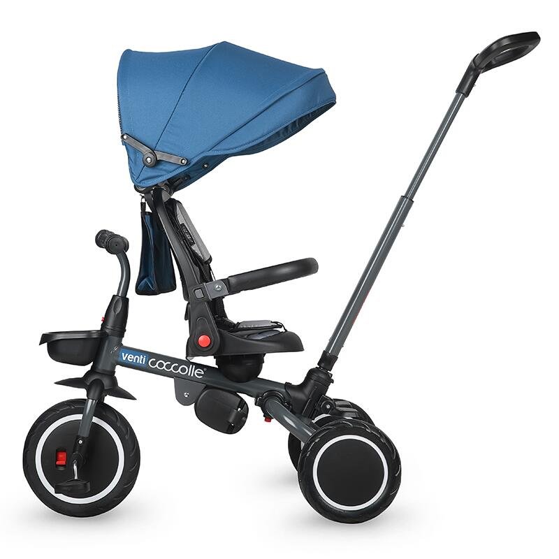 Tricicleta pentru copii Coccolle Venti Navy Blue multifunctionala, cu spatar ajustabil, cu pozitie de somn, sezut rotativ 360 grade, roti de cauciuc, 2 seturi de suporti de picioare de la 10 luni pana la 25 kg – imaginea 2