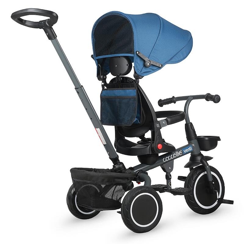 Tricicleta pentru copii Coccolle Venti Navy Blue multifunctionala, cu spatar ajustabil, cu pozitie de somn, sezut rotativ 360 grade, roti de cauciuc, 2 seturi de suporti de picioare de la 10 luni pana la 25 kg – imaginea 3