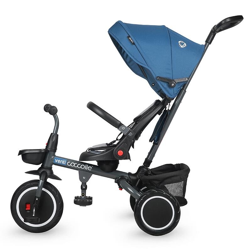 Tricicleta pentru copii Coccolle Venti Navy Blue multifunctionala, cu spatar ajustabil, cu pozitie de somn, sezut rotativ 360 grade, roti de cauciuc, 2 seturi de suporti de picioare de la 10 luni pana la 25 kg – imaginea 8
