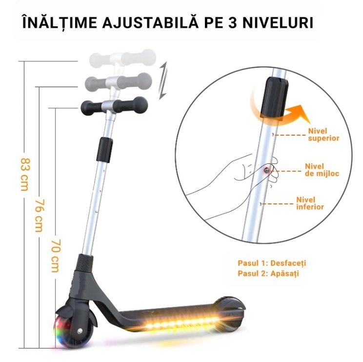 Trotineta electrica GentleKids verde, cu lumini LED, ghidon reglabil, putere 80w, greutate suportata 50 kg, viteza maxima 5-8 kmh, varsta 3 ani+ – imaginea 2