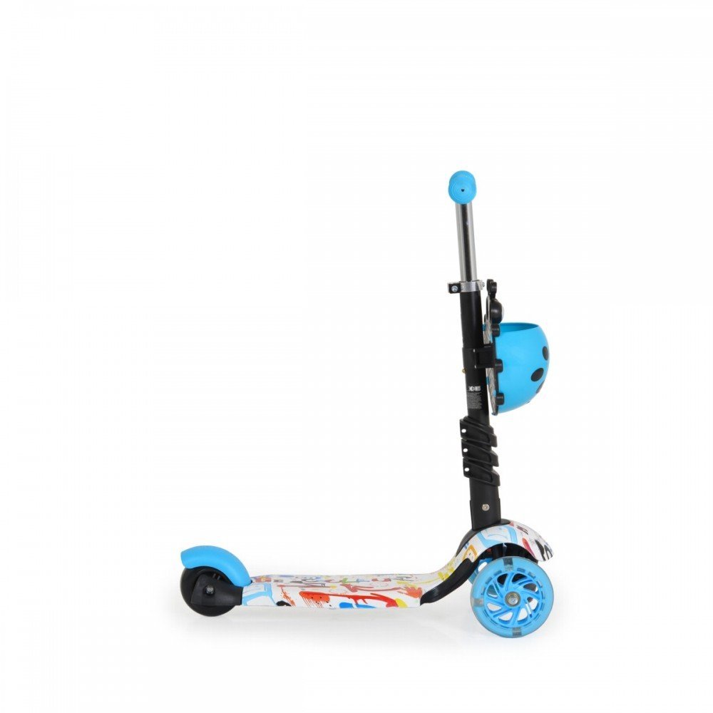 Trotineta evolutiva Scooter 3in1 cu maner parental,viraj intuitiv,inaltime ghidon reglabila pe 3 nivele,baza antiderapanta,scaunel cu spatar,roti PU cu lumini si cosulet Moni Lollipop Blue – imaginea 2