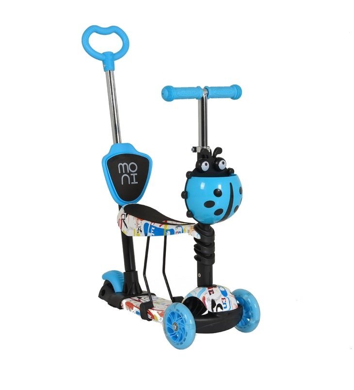 Trotineta evolutiva Scooter 3in1 cu maner parental,viraj intuitiv,inaltime ghidon reglabila pe 3 nivele,baza antiderapanta,scaunel cu spatar,roti PU cu lumini si cosulet Moni Lollipop Blue – imaginea 4
