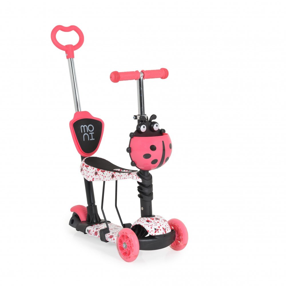 Trotineta evolutiva Scooter 3in1 cu maner parental,viraj intuitiv,inaltime ghidon reglabila pe 3 nivele,baza antiderapanta,scaunel cu spatar,roti PU cu lumini si cosulet Moni Lollipop Red – imaginea 3