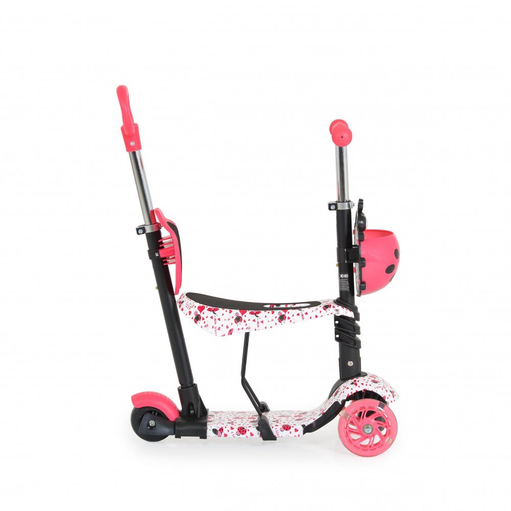 Trotineta evolutiva Scooter 3in1 cu maner parental,viraj intuitiv,inaltime ghidon reglabila pe 3 nivele,baza antiderapanta,scaunel cu spatar,roti PU cu lumini si cosulet Moni Lollipop Red – imaginea 5