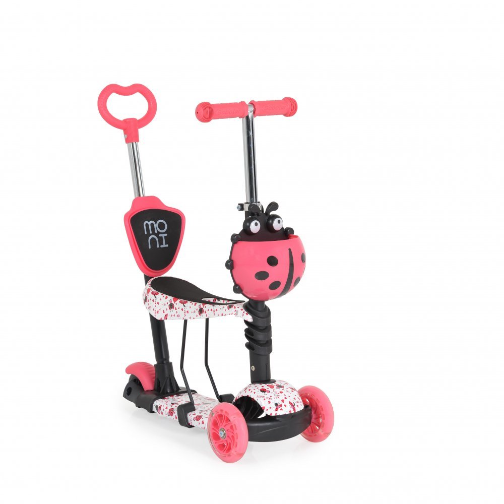 Trotineta evolutiva Scooter 3in1 cu maner parental,viraj intuitiv,inaltime ghidon reglabila pe 3 nivele,baza antiderapanta,scaunel cu spatar,roti PU cu lumini si cosulet Moni Lollipop Red – imaginea 7
