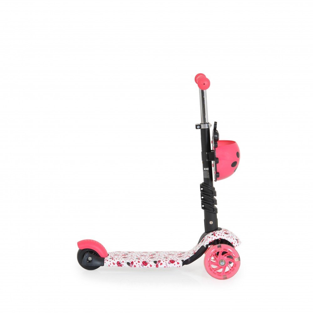 Trotineta evolutiva Scooter 3in1 cu maner parental,viraj intuitiv,inaltime ghidon reglabila pe 3 nivele,baza antiderapanta,scaunel cu spatar,roti PU cu lumini si cosulet Moni Lollipop Red