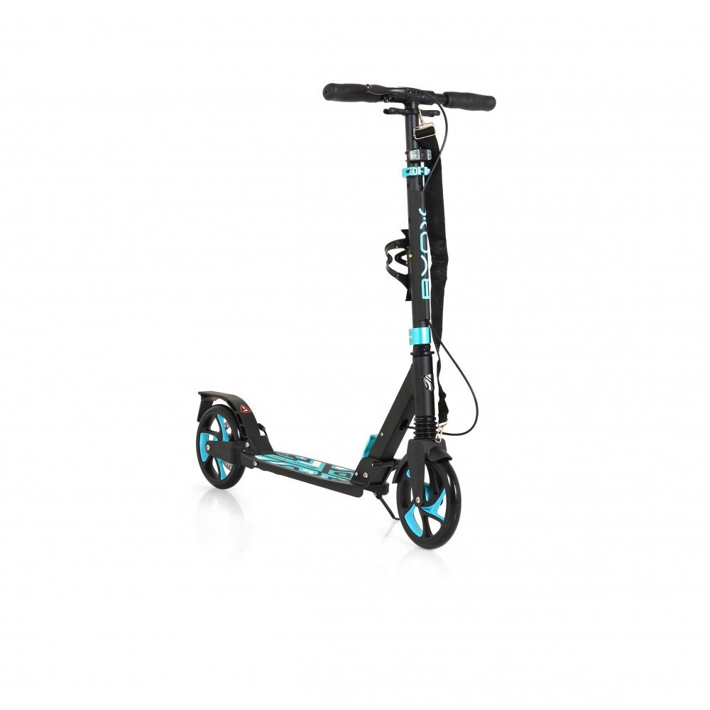 Trotineta cu cadru din aluminiu,3 nivele de reglare a inaltimii,roti PU,suspensii,frana de mana pe disc,de la 10 ani pana la 100kg Byox Plexus Limited Edition turqouize cu suport sticla si centura transport incluse – imaginea 8