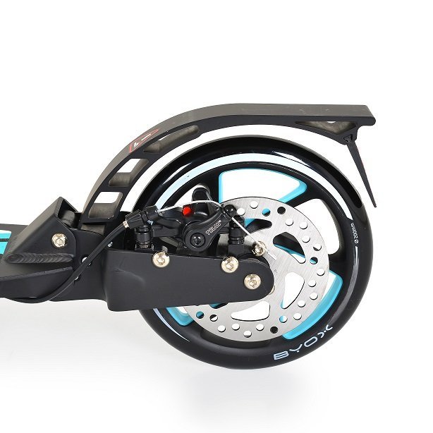 Trotineta cu cadru din aluminiu,3 nivele de reglare a inaltimii,roti PU,suspensii,frana de mana pe disc,de la 10 ani pana la 100kg Byox Plexus Limited Edition turqouize cu suport sticla si centura transport incluse – imaginea 5