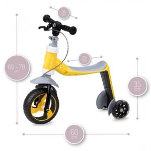 Trotineta transformabila 2 in 1 MoMi Elios Yellow, lumini LED, ghidon reglabil, platforma antiderapanta, greutate suportata 25 kg