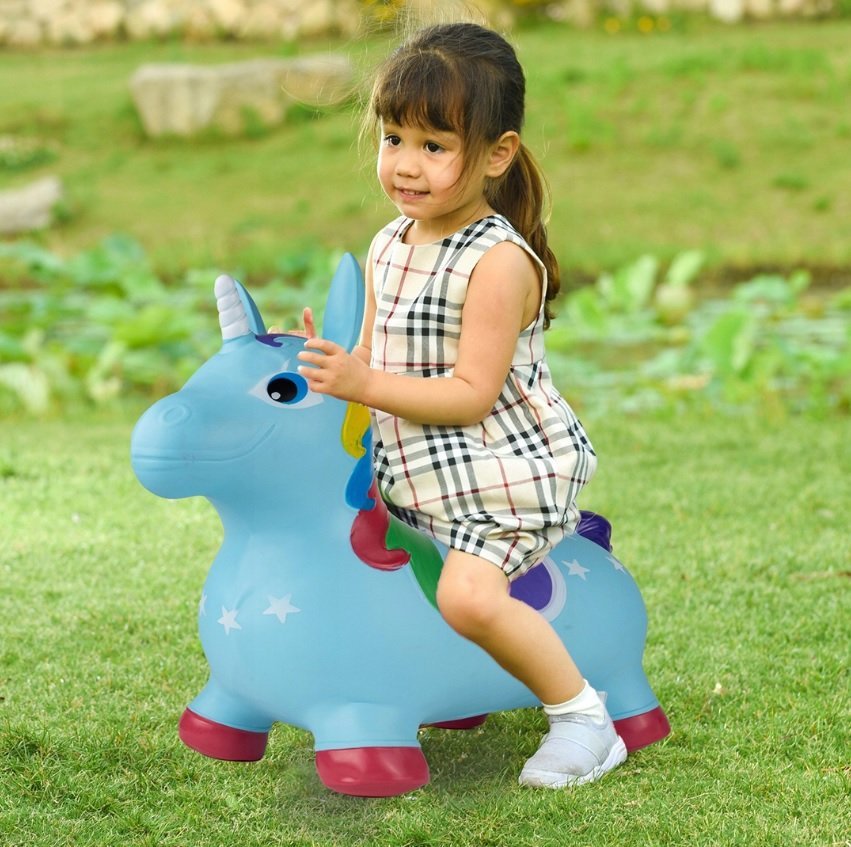 Unicorn din cauciuc gonflabil, pentru interiorexterior, cu pompa inclusa, material rezistent si durabil 59 x 50 x 24 cm Blue – imaginea 7