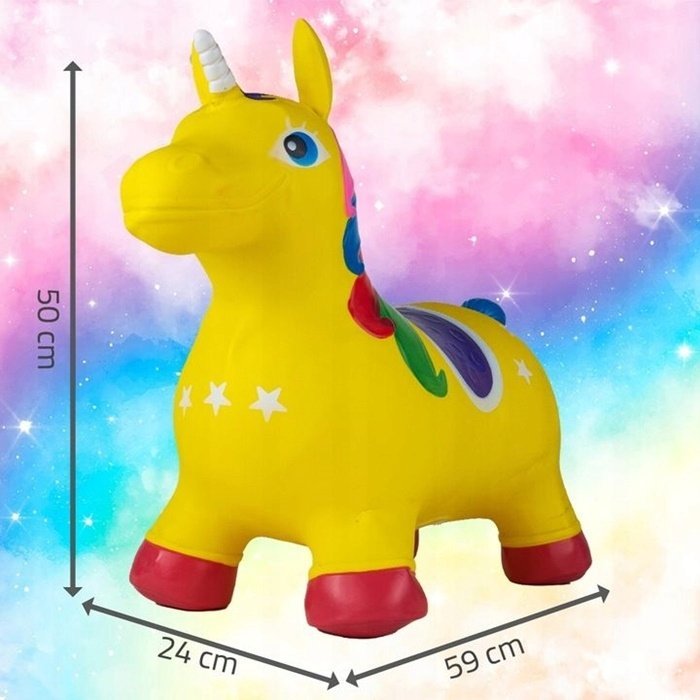 Unicorn din cauciuc gonflabil, pentru interiorexterior, cu pompa inclusa, material rezistent si durabil 59 x 50 x 24 cm Galben – imaginea 3
