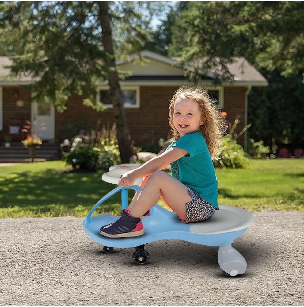 PlasmaCar pentru copii fara pedale Malplay Blue, cu volan rotativ 360 grade, roti luminoase din cauciuc, scaun ergonomic, suport pentru picioare aderent, recomandat copiilor de la 2 ani