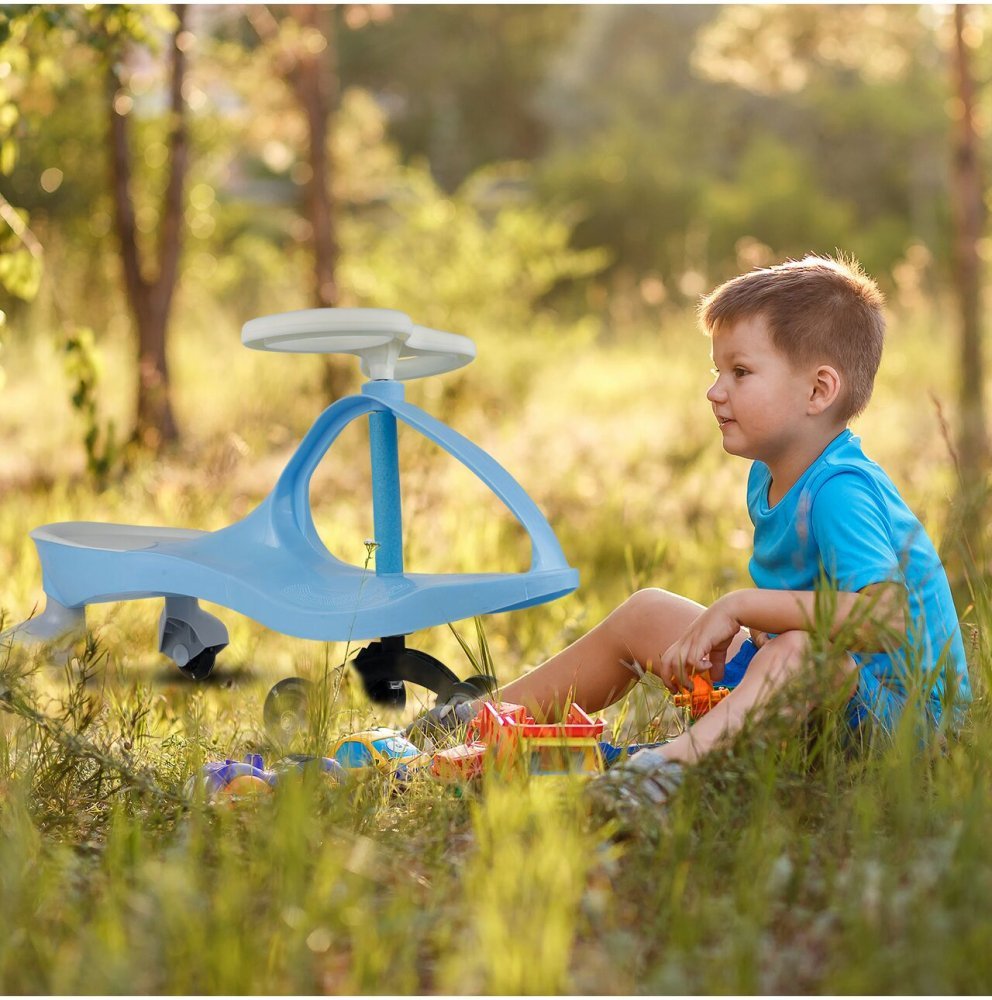 PlasmaCar pentru copii fara pedale Malplay Blue, cu volan rotativ 360 grade, roti luminoase din cauciuc, scaun ergonomic, suport pentru picioare aderent, recomandat copiilor de la 2 ani – imaginea 2