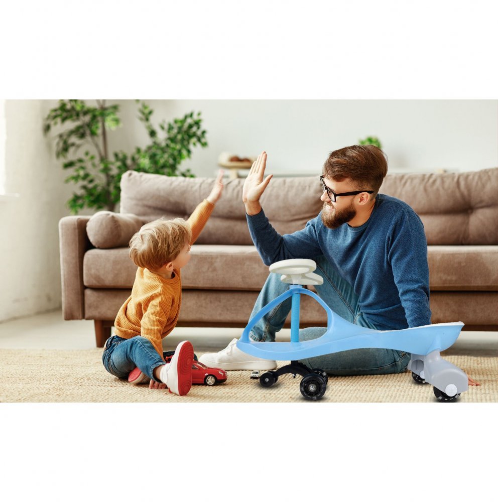 PlasmaCar pentru copii fara pedale Malplay Blue, cu volan rotativ 360 grade, roti luminoase din cauciuc, scaun ergonomic, suport pentru picioare aderent, recomandat copiilor de la 2 ani – imaginea 4