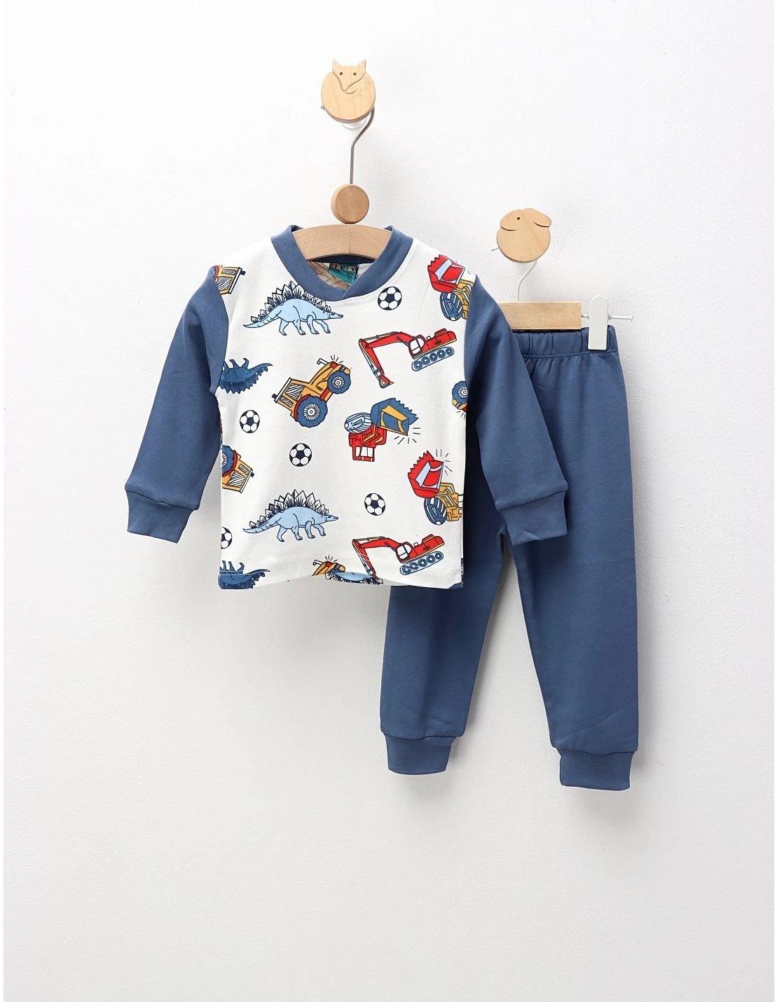 Pijama Construction & Dino, alb-albastru