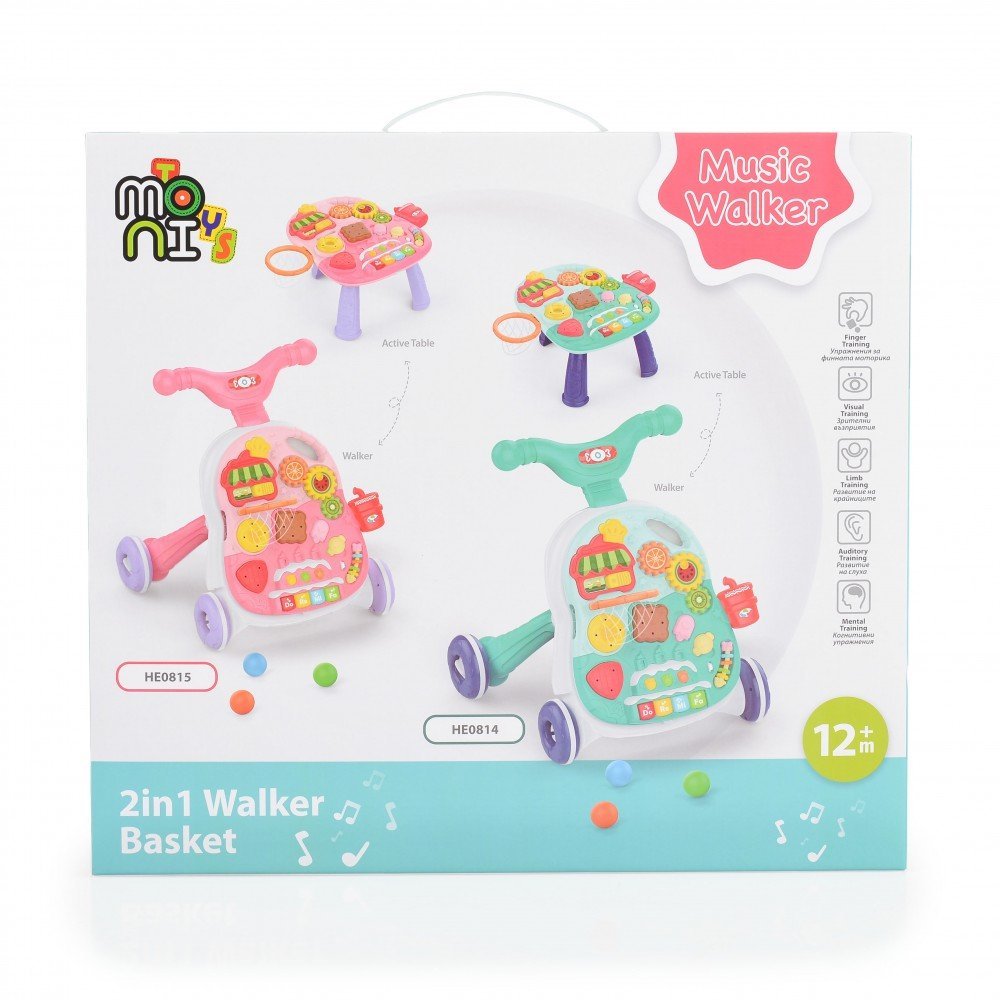 Antepremergator educativ 2 in1 Moni cu cosulet bile si functii muzicale Pink – imaginea 2