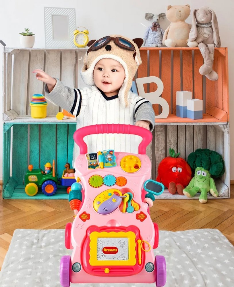 Antepremergator MalpPlay Pink interactiv cu panou muzical si luminos, tabla de desenat – imaginea 8