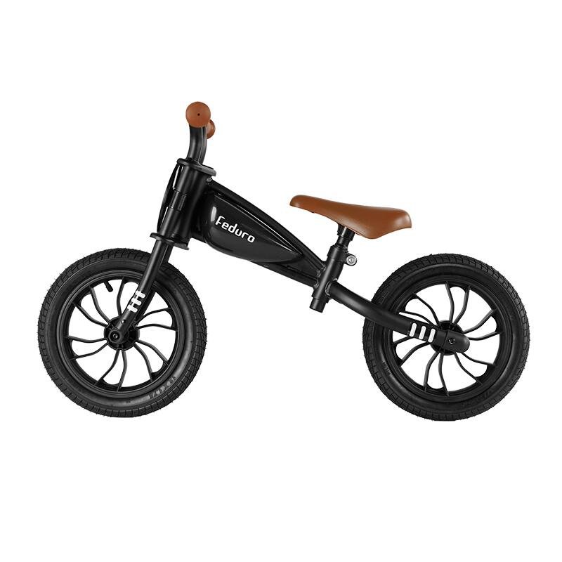 Bicicleta fara pedale QPlay Feduro Negru Balance bike, roti 12 inch gonflabile, sa ajustabila din piele ecologica, varsta 3-6 ani