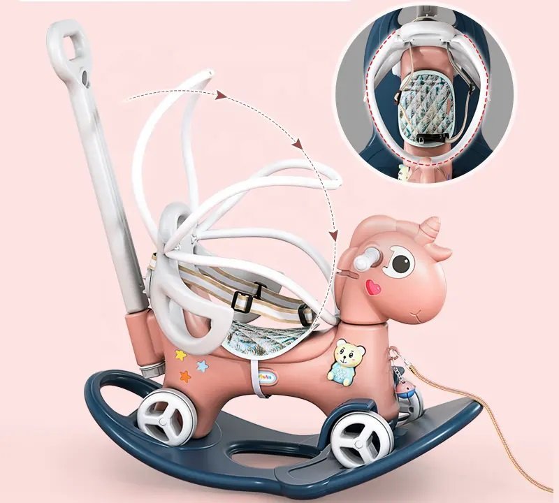 Balansoar 3 in 1 Nichiduta Garden Lovely Unicorn Pink transformabil in vehicul fara pedale cu maner parental, roti EVA, centuri de siguranta, jucarie muzicala, spatar si bara de siguranta detasabile – imaginea 6