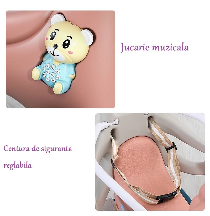 Balansoar 3 in 1 Nichiduta Garden Lovely Unicorn Pink transformabil in vehicul fara pedale cu maner parental, roti EVA, centuri de siguranta, jucarie muzicala, spatar si bara de siguranta detasabile – imaginea 8