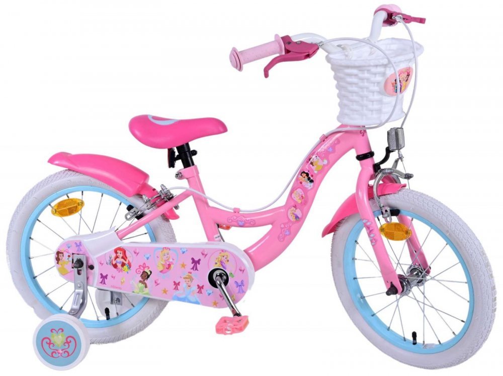 Bicicleta pentru copii EL Disney Princess 16 inch FW, frana de mana pe ambele roti, scaun si ghidon reglabil, cosulet pe ghidon, roti gonflabile, stopuri reflectorizante