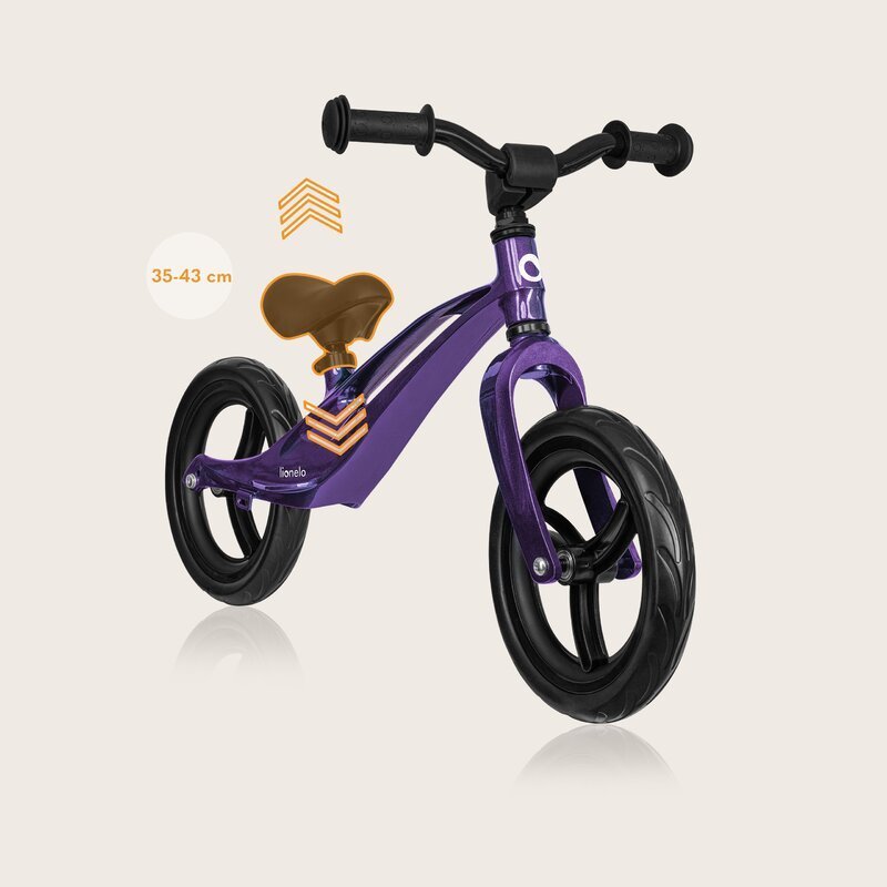 Bicicleta fara pedale Lionelo Bart 12 inch Purple Amethyst, roti din spuma EVA, de la 2 ani pana la 30 kg, scaun reglabil de la 35-43 cm, ghidon ajustabil, suport pentru picioare in relief, maner de transport – imaginea 4