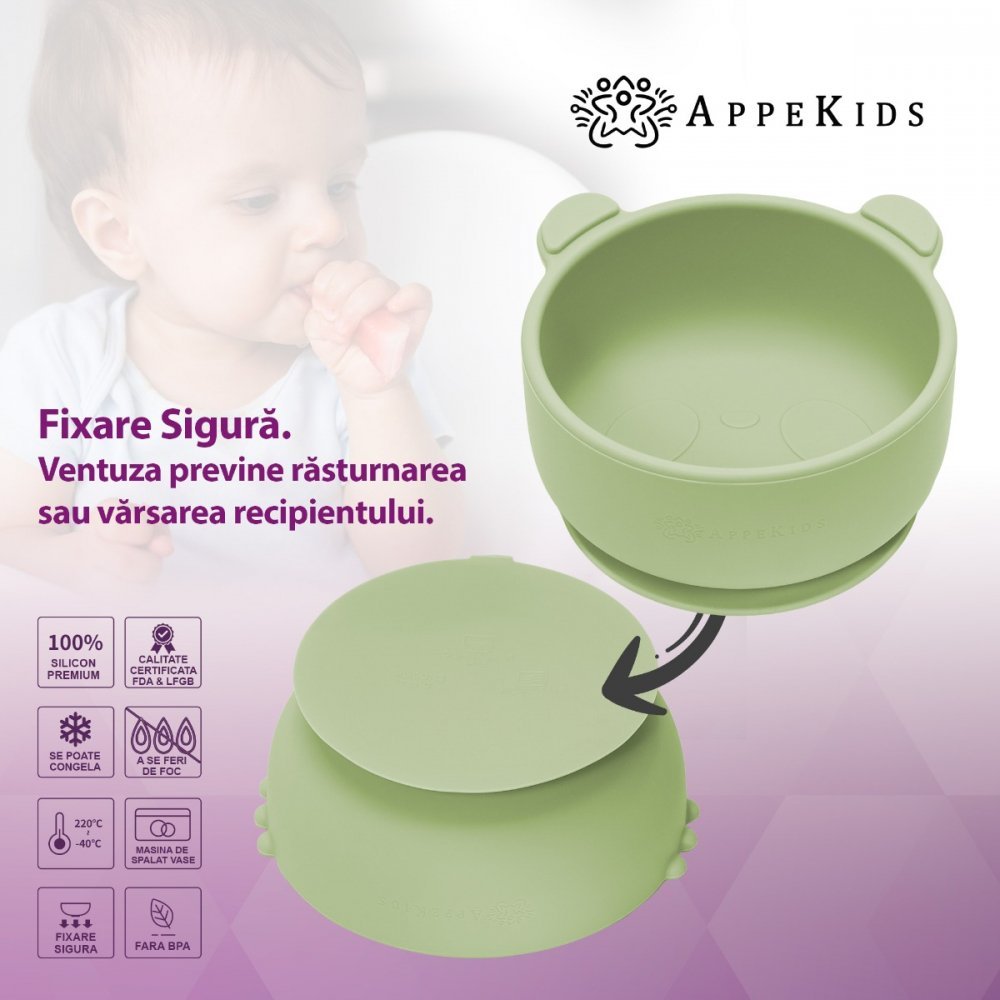 Bol din silicon cu ventuza AppeKids The Little Bear Raw Green – imaginea 3
