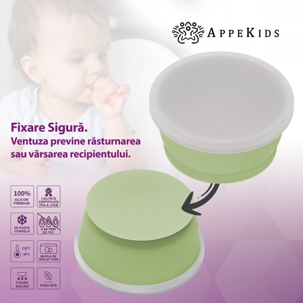 Bol din silicon cu ventuza si capac AppeKids Raw Green – imaginea 2