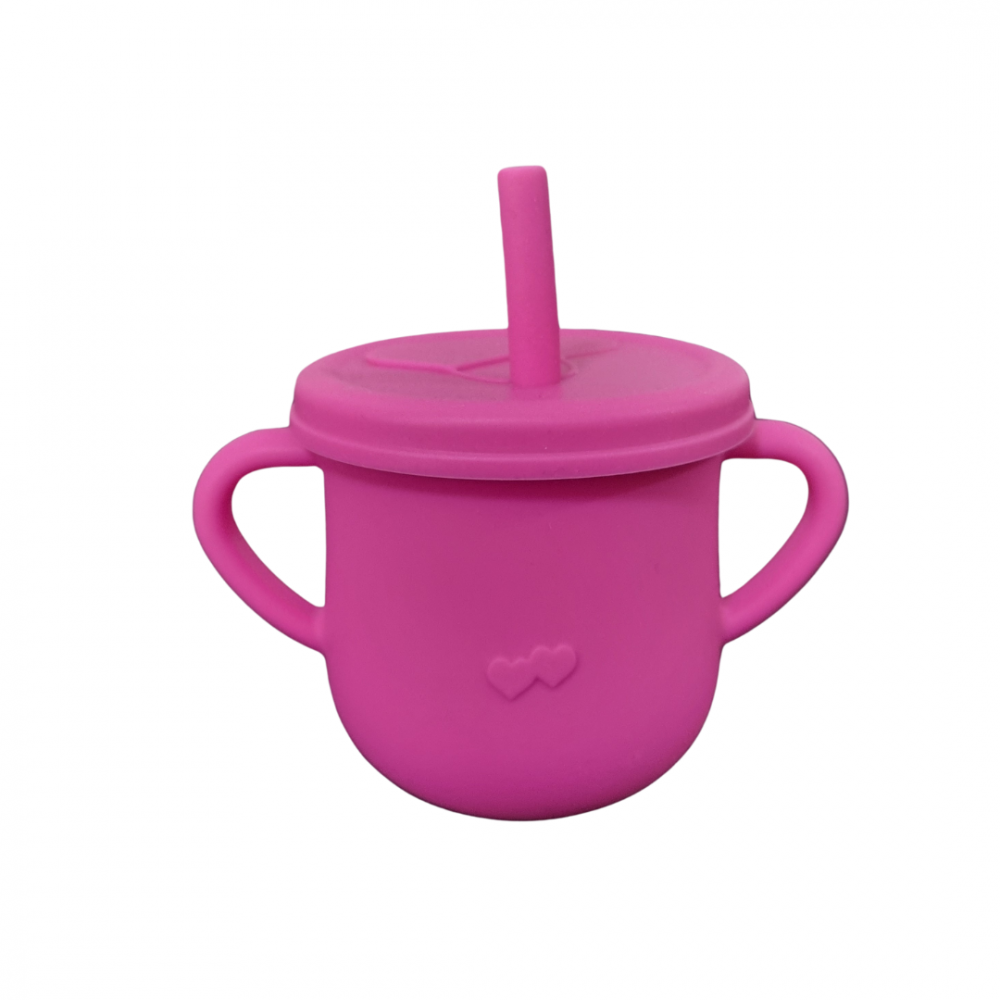 Cana din silicon cu manere si pai pentru copii 200 ml fucsia – imaginea 2