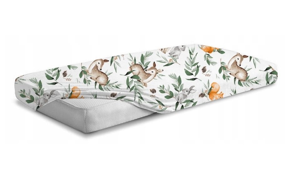 Cearceaf cu banda elastica pentru pat copii, dimensiune 140 x 70cm, 100 bumbac, BabyMam Forest Animals – imaginea 3