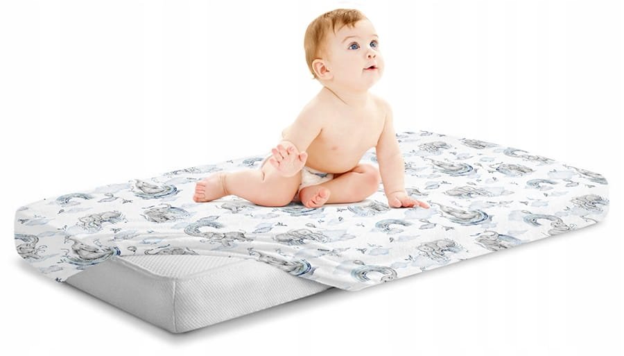 Cearceaf cu banda elastica pentru pat copii, 100 bumbac, dimensiune 90 x 40 cm, BabyMam Blue Elephant