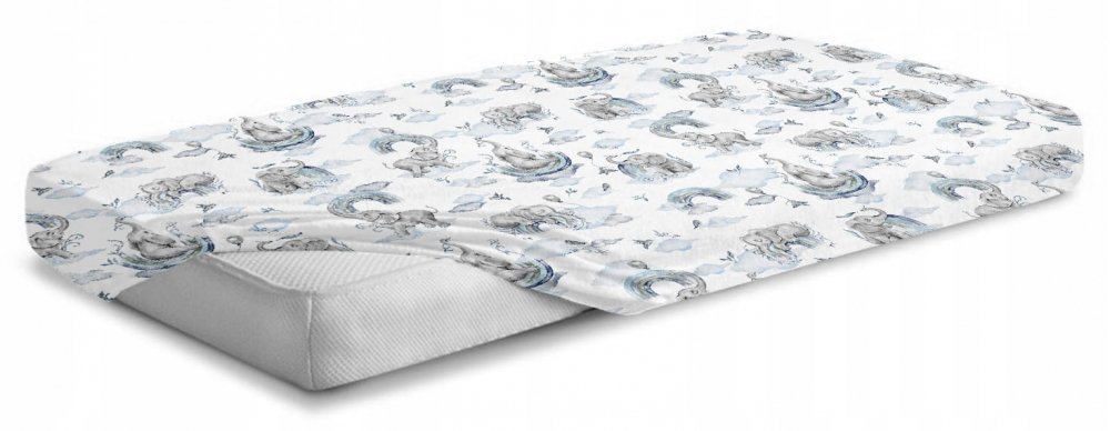 Cearceaf cu banda elastica pentru pat copii, 100 bumbac, dimensiune 90 x 40 cm, BabyMam Blue Elephant – imaginea 2