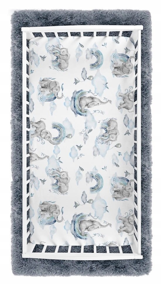 Cearceaf cu banda elastica pentru pat copii, 100 bumbac, dimensiune 90 x 40 cm, BabyMam Blue Elephant – imaginea 3