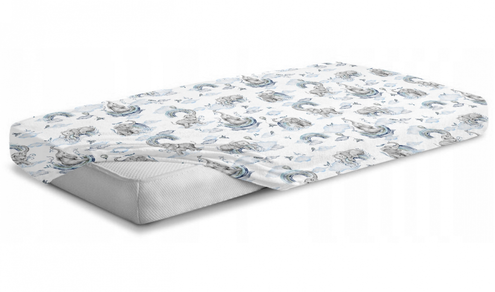 Cearceaf cu banda elastica pentru pat copii, 100 bumbac, dimensiune 90 x 40 cm, BabyMam Blue Elephant – imaginea 4