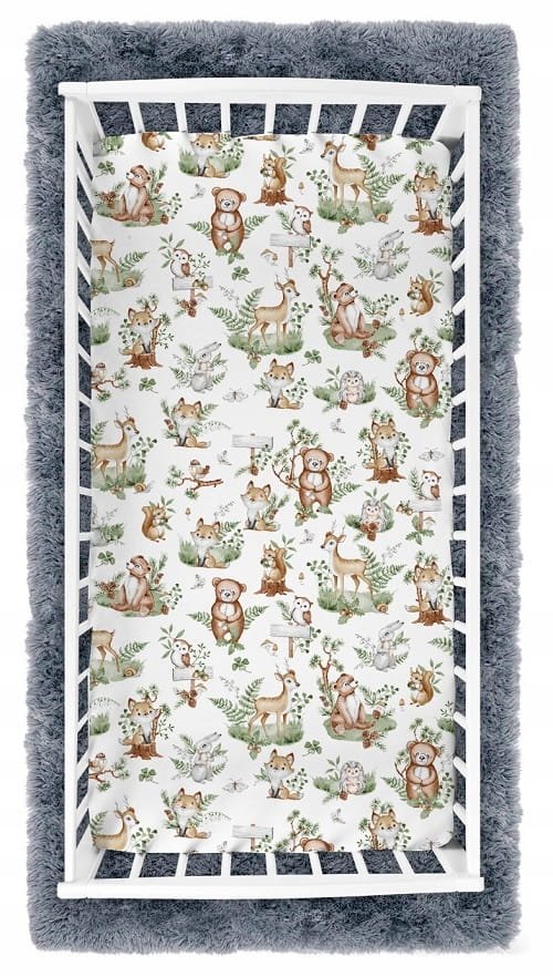 Cearceaf cu banda elastica pentru pat copii, dimensiune 120 x 60 cm, 100 bumbac, BabyMam Forest Animals – imaginea 2