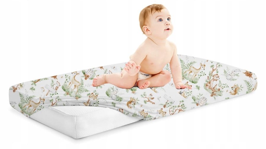 Cearceaf cu banda elastica pentru pat copii, dimensiune 120 x 60 cm, 100 bumbac, BabyMam Forest Animals – imaginea 3