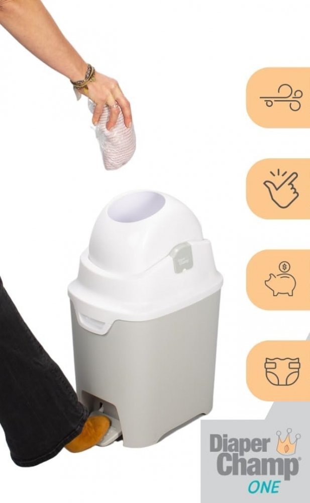 Cos ermetic scutece cu sac universal Diaper Champ One capacitate 30 scutece Hands Free Silver – imaginea 2