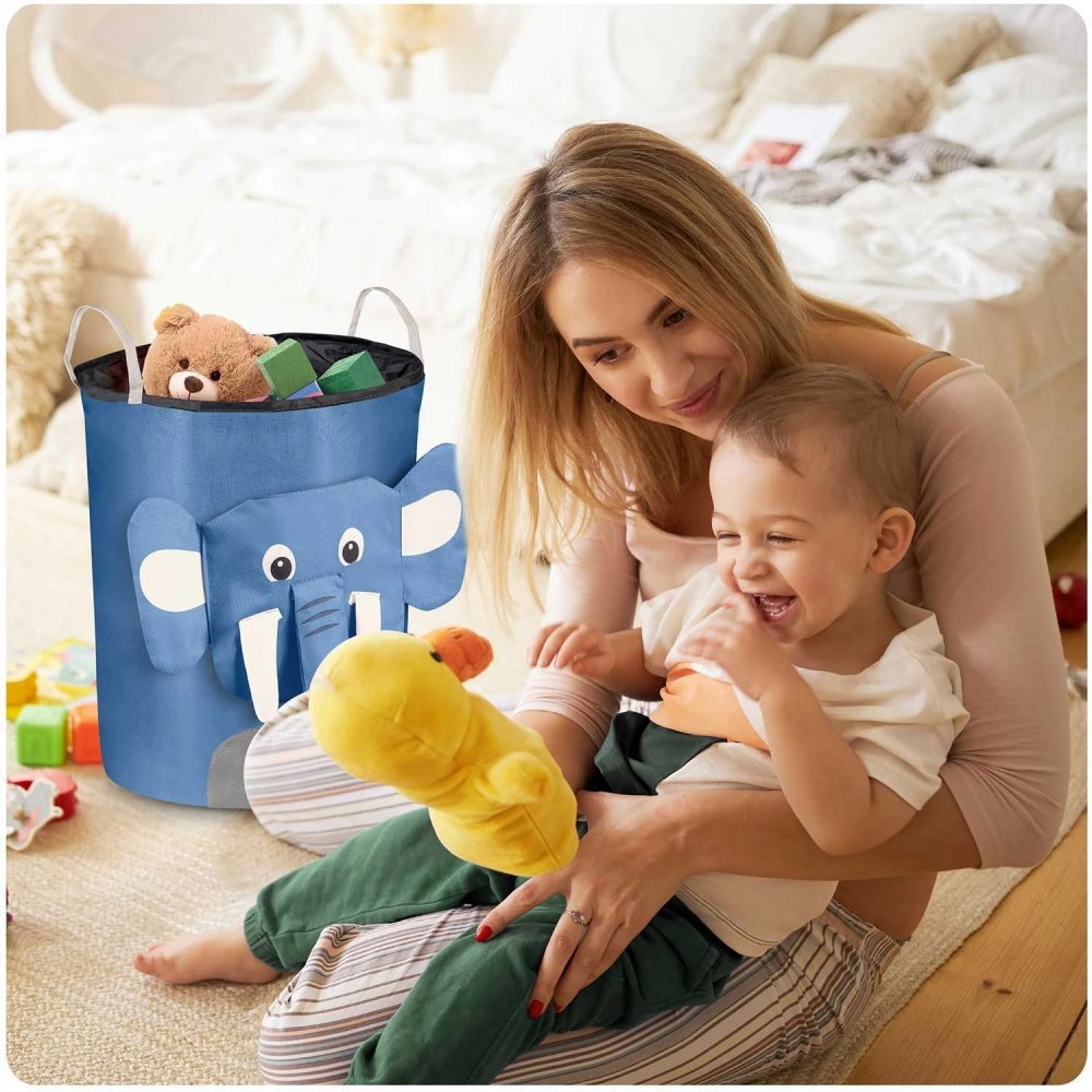Cos pentru depozitarea hainelorjucariilor copii Nukido Elefantel Albastru 35×45 cm,capacitate mare,manere,captuseala izolatoare,cordon de inchidere – imaginea 5