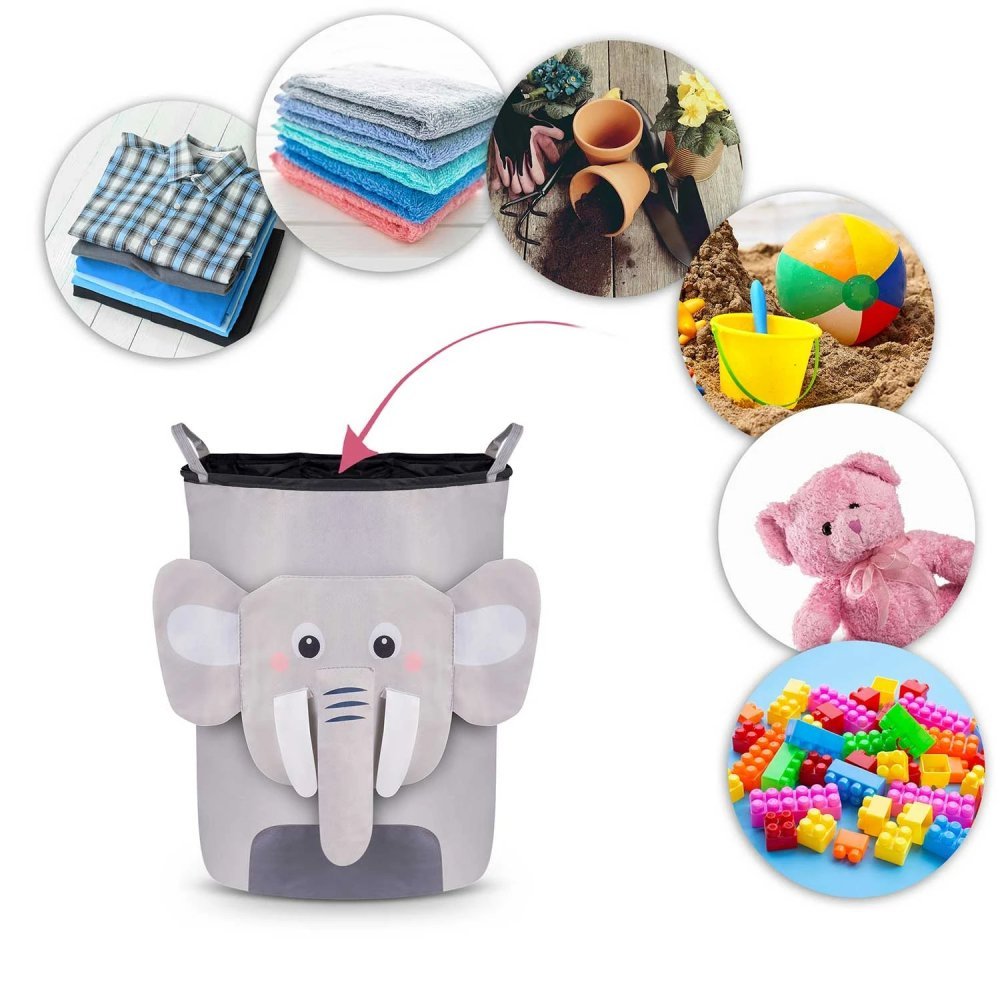Cos pentru depozitarea hainelorjucariilor copii Nukido Elefantel Gri 35×45 cm,capacitate mare,manere,captuseala izolatoare,cordon de inchidere – imaginea 7