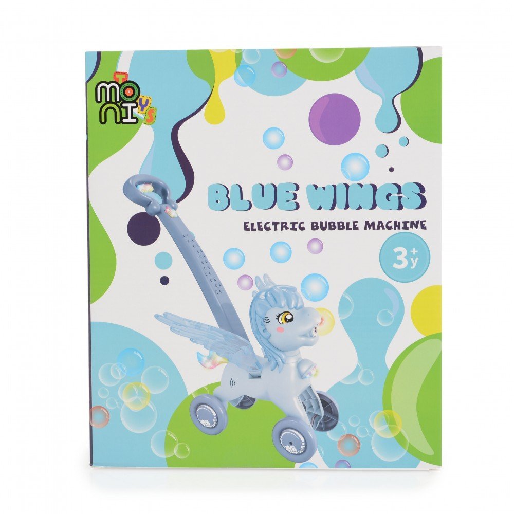 Masina electrica de facut baloane pentru copii Moni Pony Blue Wings cu maner de impingere, design avion, solutie de baloane 2x60ml inclusa – imaginea 2