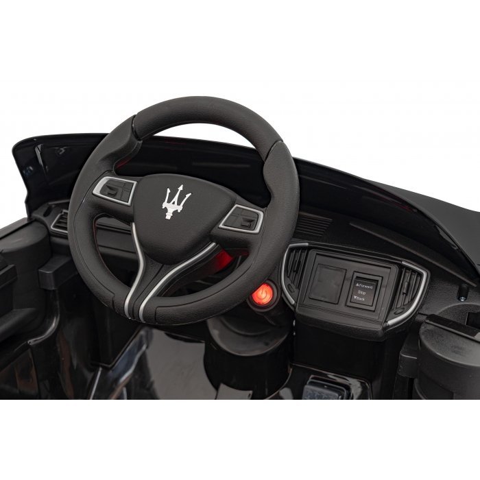 Masinuta electrica pentru copii Maserati Ghibli negru 60W cu telecomanda, pornire lenta, lumini, suspensii, panou audio, scaun piele si roti din spuma Eva – imaginea 2