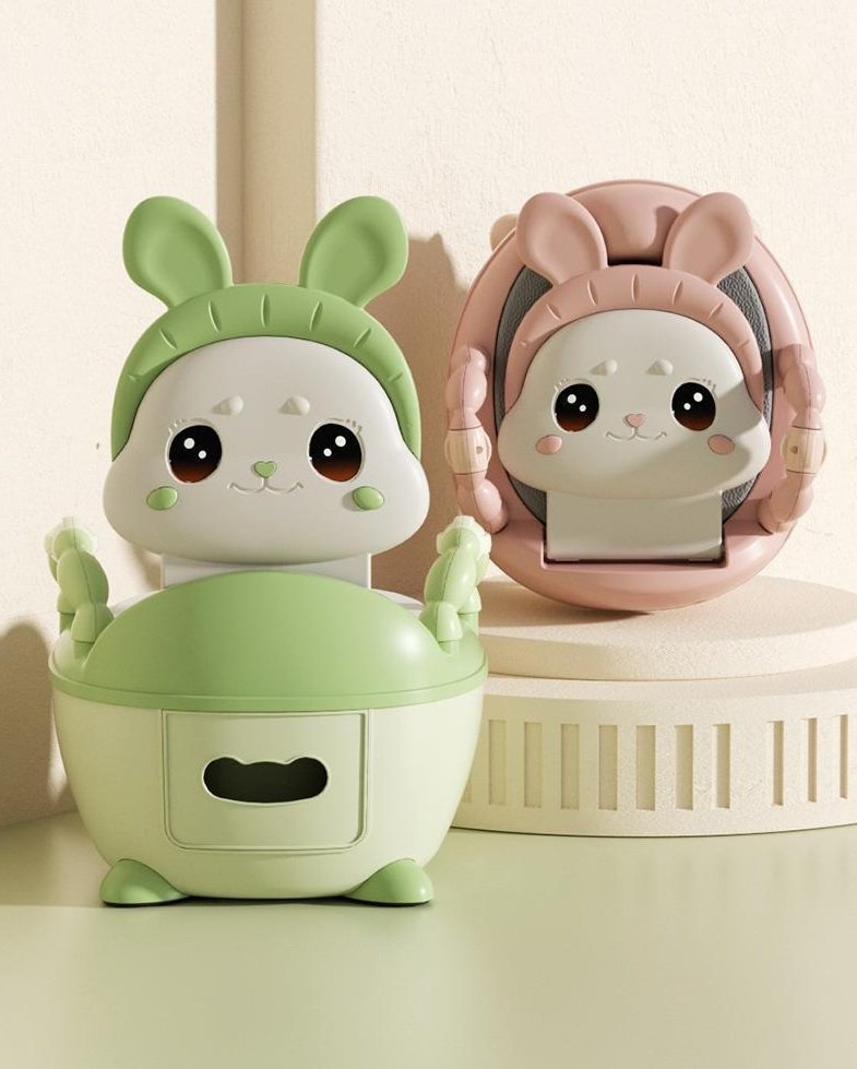Olita bebelusi Little Mom Cute Rabbit Green, cu adaptor moale din spuma PU, vas colector detasabil, baza anti-alunecare, protectie antistropire, spatar ergonomic – imaginea 2