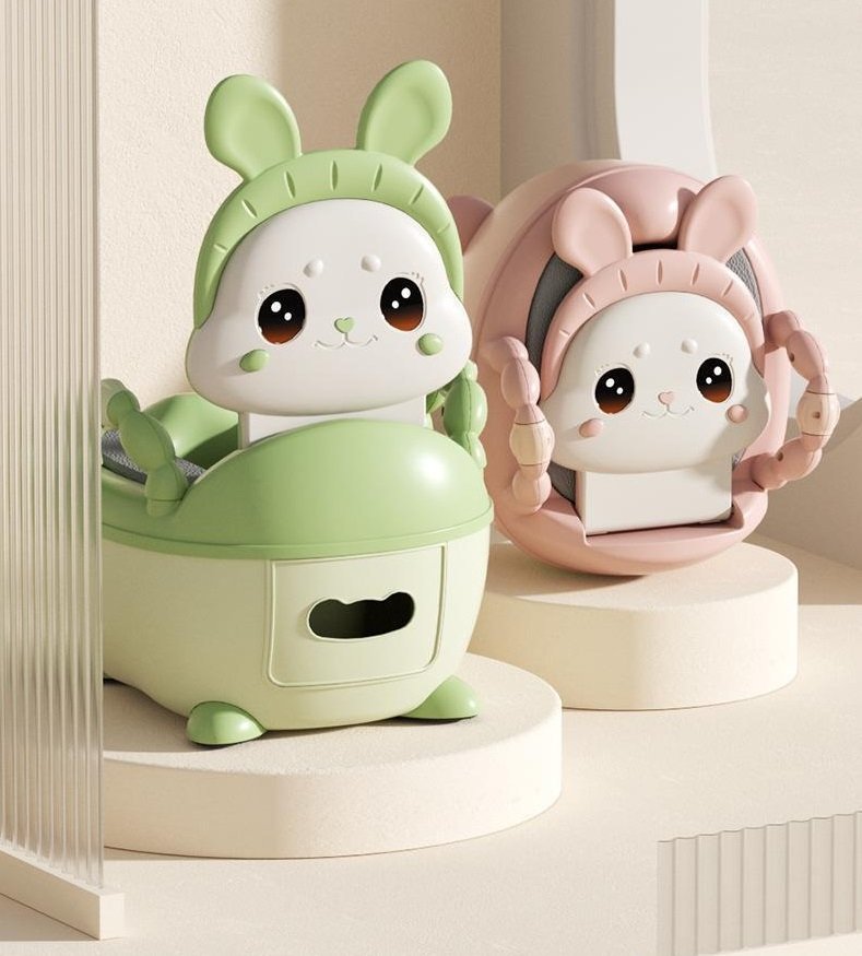 Olita bebelusi Little Mom Cute Rabbit Green, cu adaptor moale din spuma PU, vas colector detasabil, baza anti-alunecare, protectie antistropire, spatar ergonomic – imaginea 4