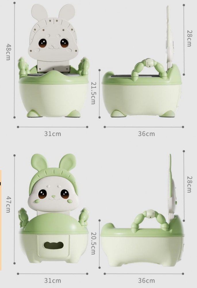 Olita bebelusi Little Mom Cute Rabbit Green, cu adaptor moale din spuma PU, vas colector detasabil, baza anti-alunecare, protectie antistropire, spatar ergonomic – imaginea 6
