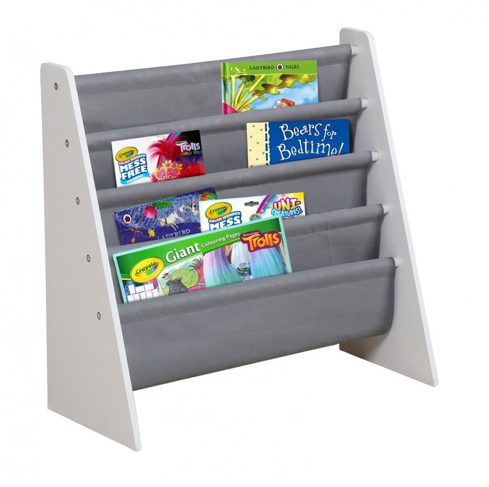 Organizator copii Ginger Home WhiteGrey cu rafturi pentru carti si reviste,material MDFtextil,potrivit pentru camera de zi, birou, centre pentru copii si gradinite ,dimensiune 62,7x28x60cm