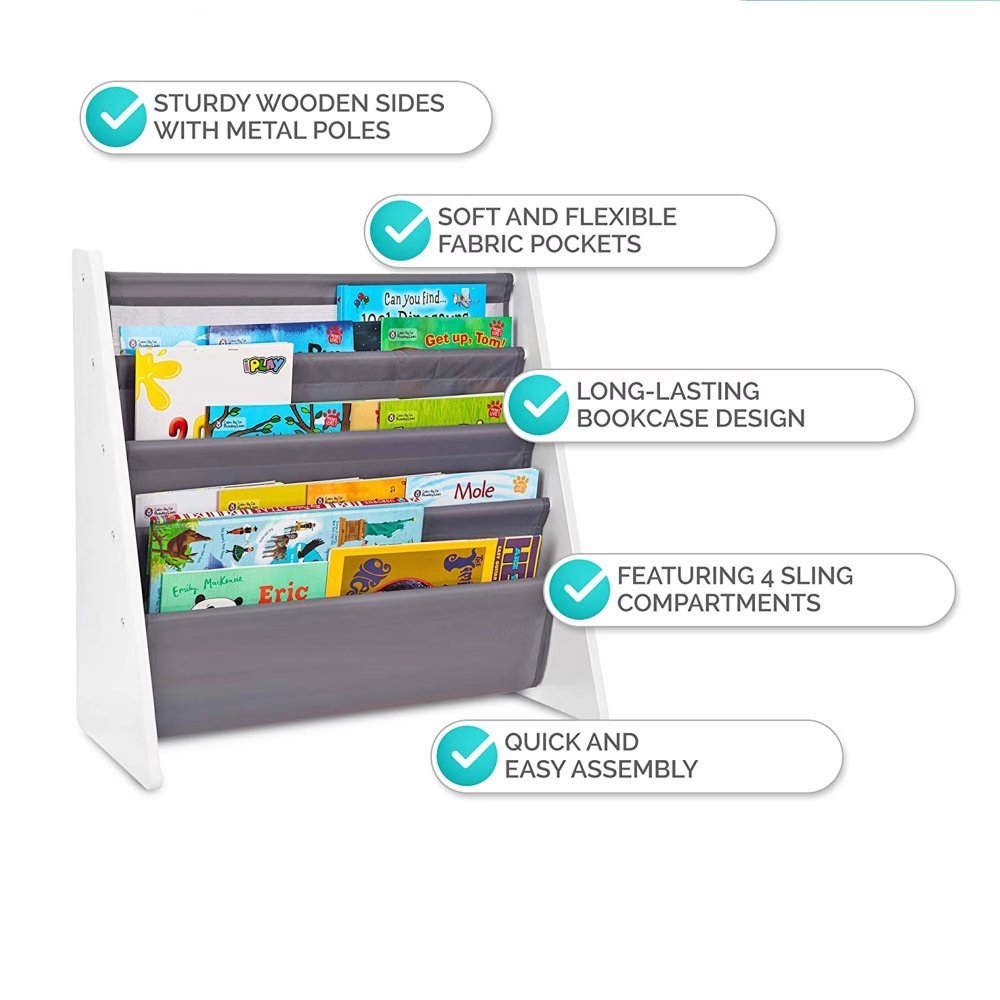 Organizator copii Ginger Home WhiteGrey cu rafturi pentru carti si reviste,material MDFtextil,potrivit pentru camera de zi, birou, centre pentru copii si gradinite ,dimensiune 62,7x28x60cm – imaginea 3