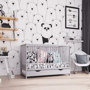 Patut din lemn pentru copii, Nichiduta Dominic Gri, design modern cu somiera reglabila pe 3 inaltimi distincte, dimensiunea exterioara 125 x 65 cm