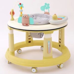 Premergator bebelusi Little Mom Activity Yellow, pliabil, educational, cu panou interactiv, sezut rotativ 360 grade, roti pivotante silentioase, dimensiune 68 x 68 x 50 cm