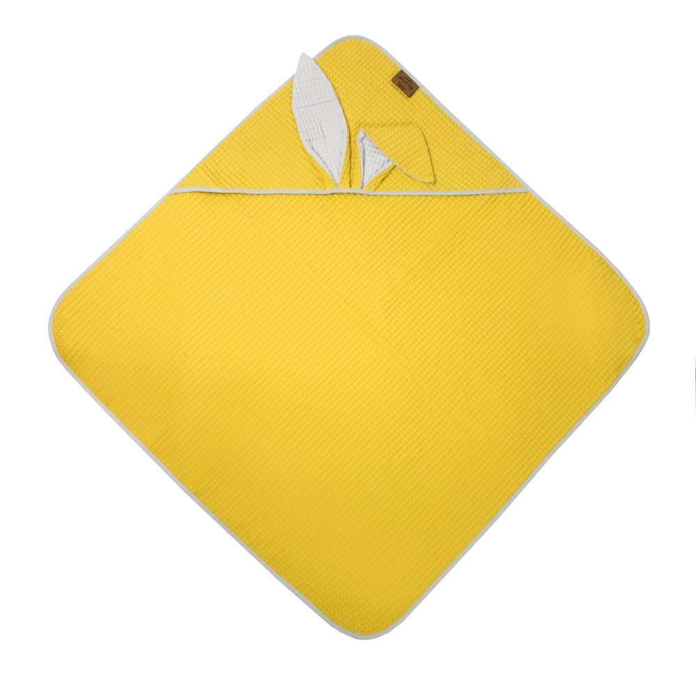 Prosop de baie din bumbac cu capison si urechiuse Floo for Baby Waffle Iepuras Galben – imaginea 2